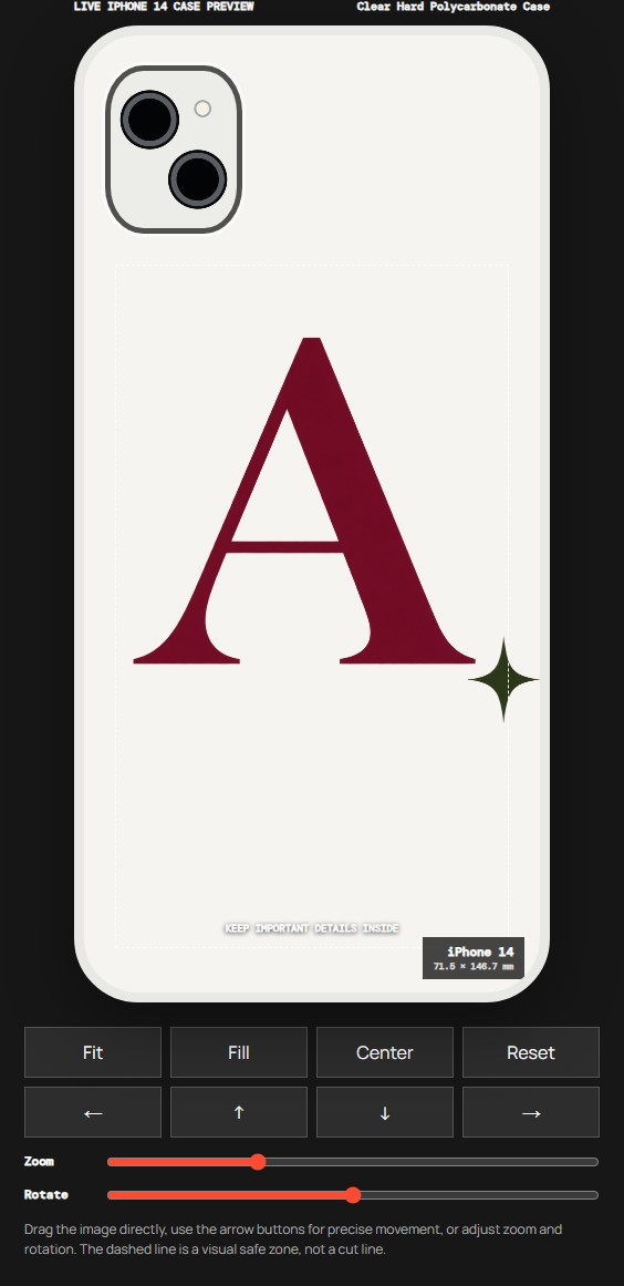PatternPop editor showing a larger initial A whose small green accent reaches the right-hand visual guide