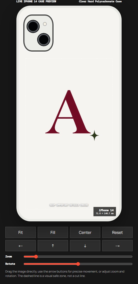 PatternPop editor showing a smaller burgundy initial A with space around its green accent