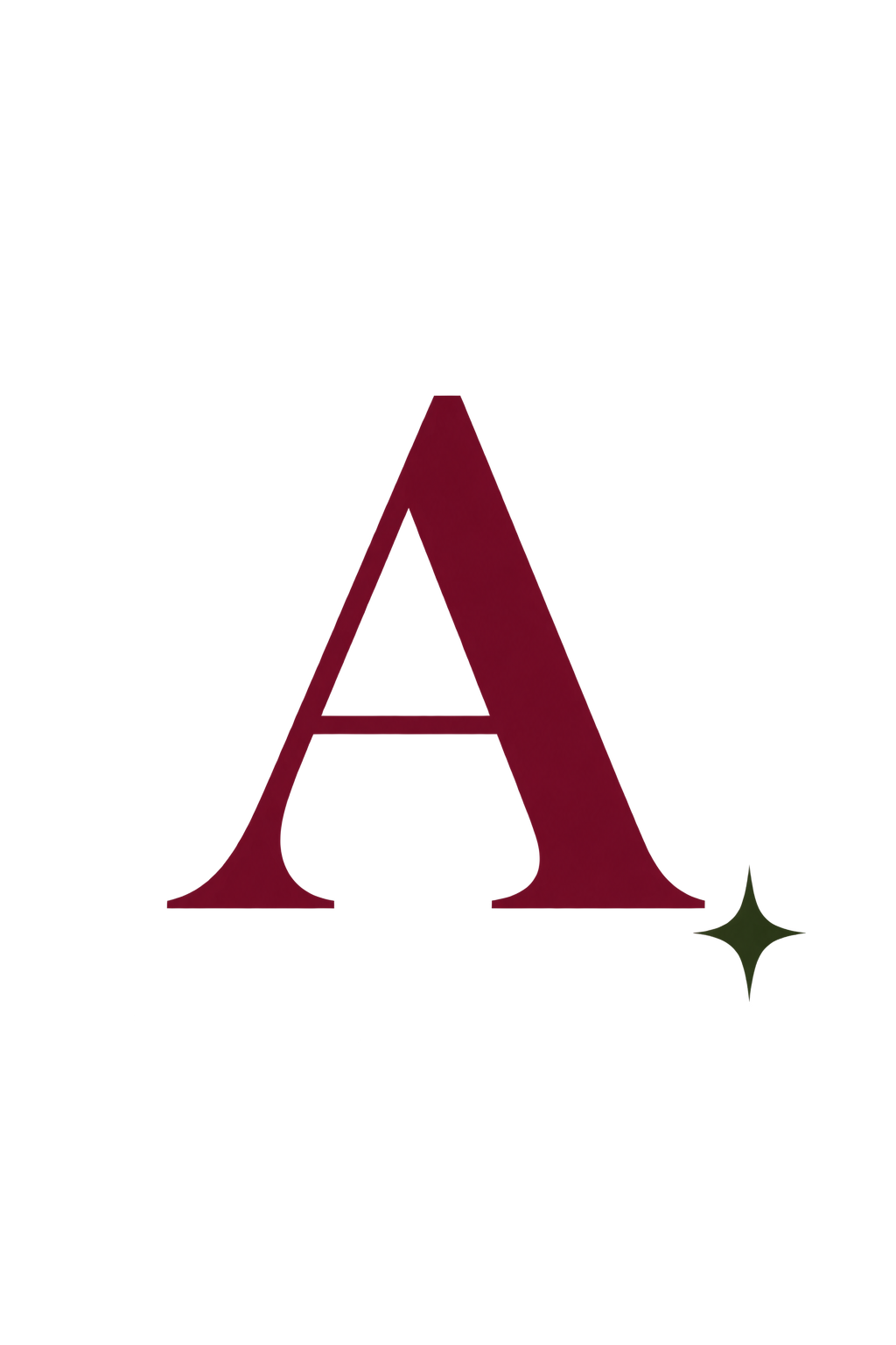 AI-created burgundy A with a small dark green sparkle on a transparent background